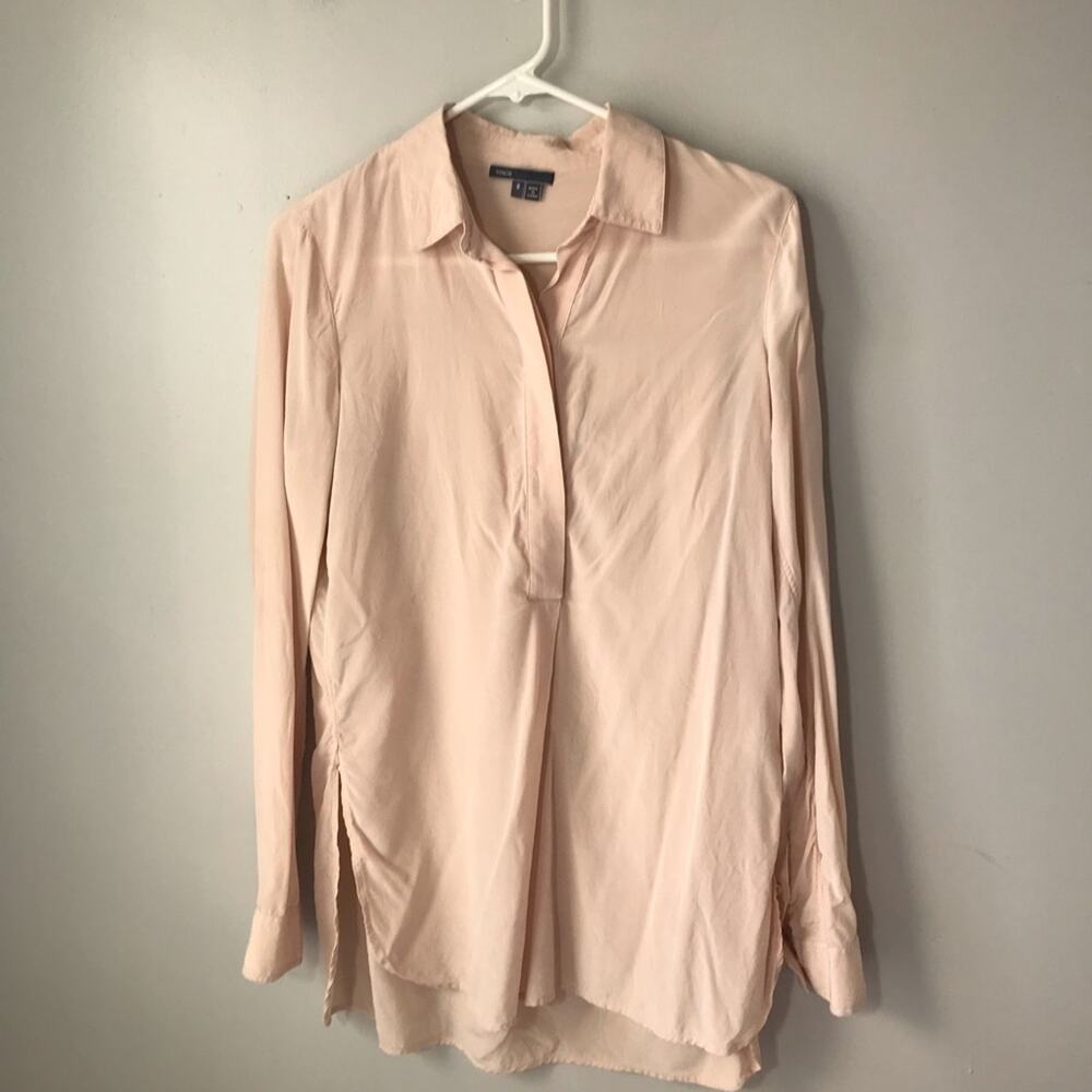 Vince womens 8 silk pale pink 1/4 button long sleeve blouse tunic with slits